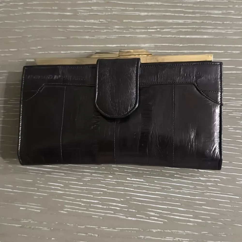 VINTAGE 1980s Brown Gold-Tone Structured EEL Skin Multi Compartment Snap Wallet